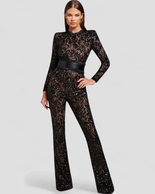 Sequin Lace Flare Jumpsuit with Waist Sculpt Detail