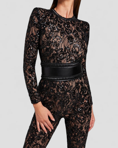 Sequin Lace Flare Jumpsuit with Waist Sculpt Detail