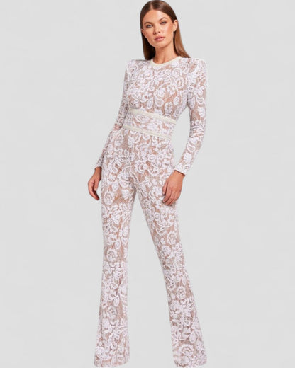Sequin Lace Flare Jumpsuit with Waist Sculpt Detail