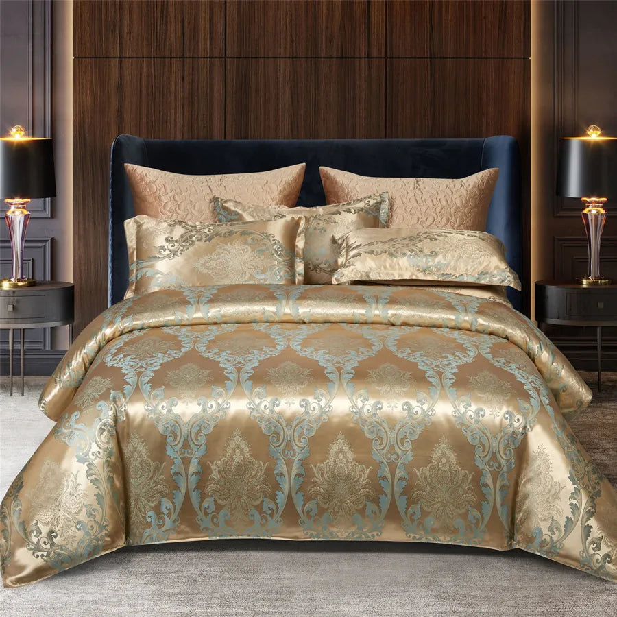 Luxury Soft Gold Blue Bedding Duvet Cover Set - BritishElegance