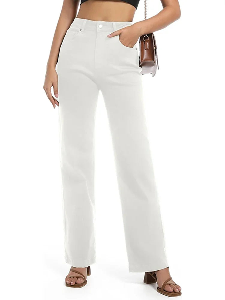 Comfortable Fit White Stretchy Straight Jeans - BritishElegance