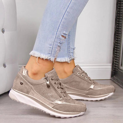 StrideEase – Neutral Platform Sneakers with Zipper & Metallic Trim