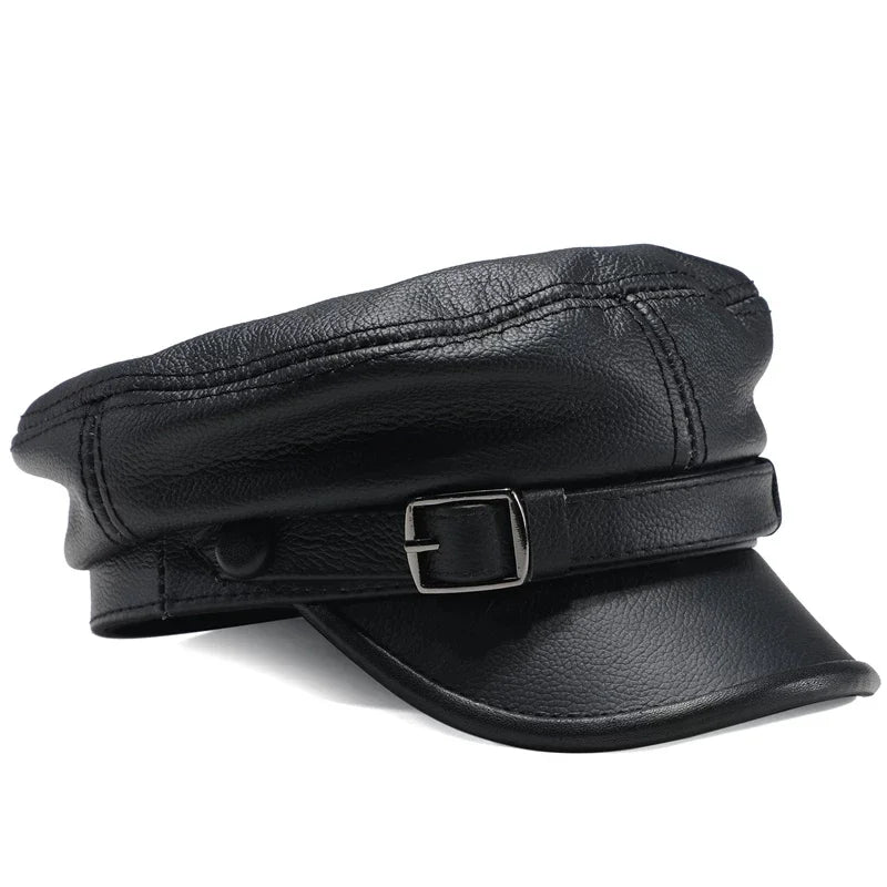 Classic Black Leather Military Cap - Adjustable Fit