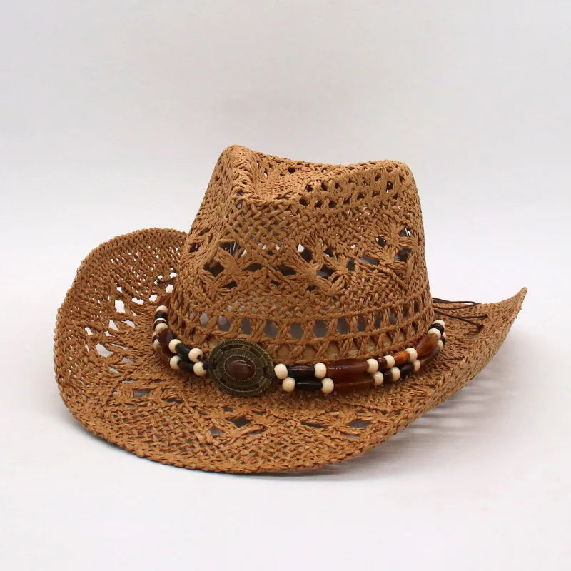 Rustic Natural Fiber Cowboy Hat - Brown Wooden Beads