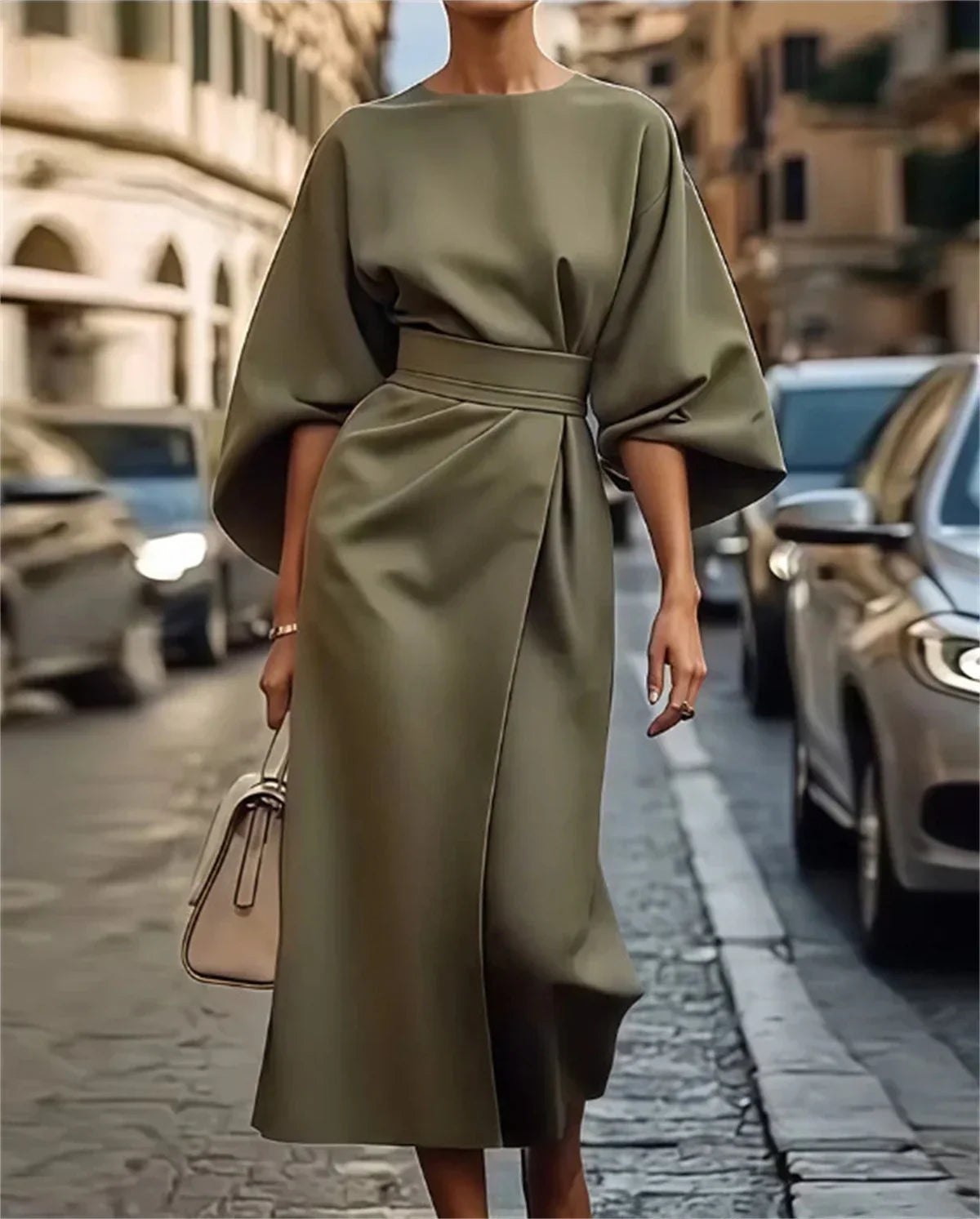 Valencia – Structured A-Line Midi Dress with Belted Waist