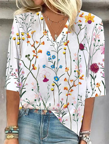 Relaxed Fit Floral V-Neck T-Shirt – Casual Summer Top