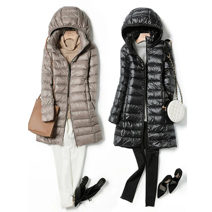 Women's Long Winter Puffer Coat with Detachable Hat - BritishElegance