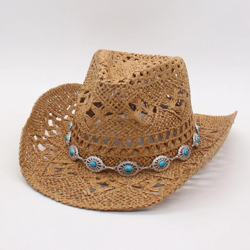 Rustic Natural Fiber Cowboy Hat - Brown Wooden Beads