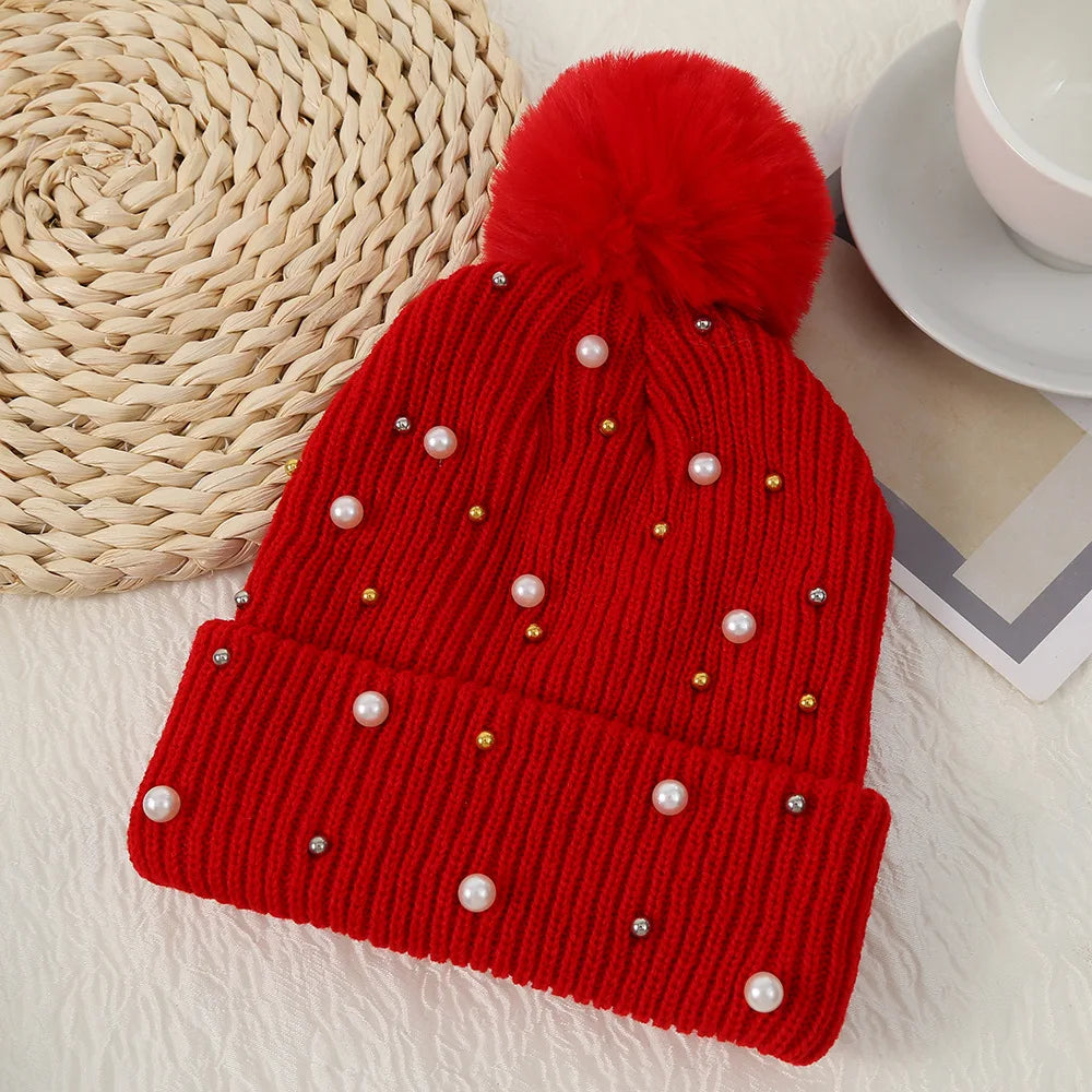 Sparkly Beaded Winter Pom Pom Hat