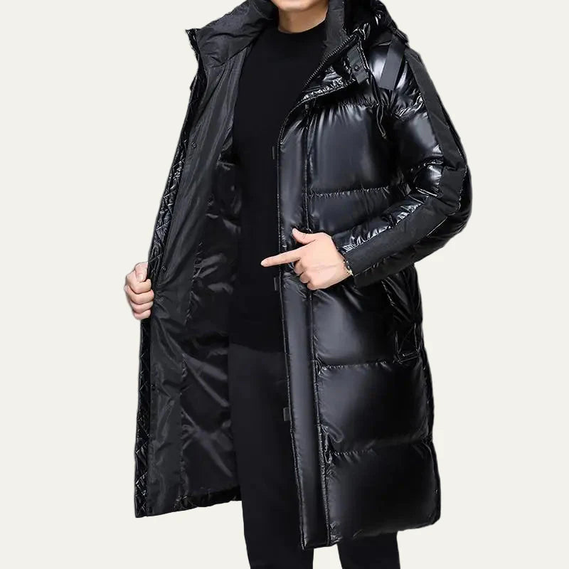 Men’s Long Glossy Puffer Coat with Integrated Hood