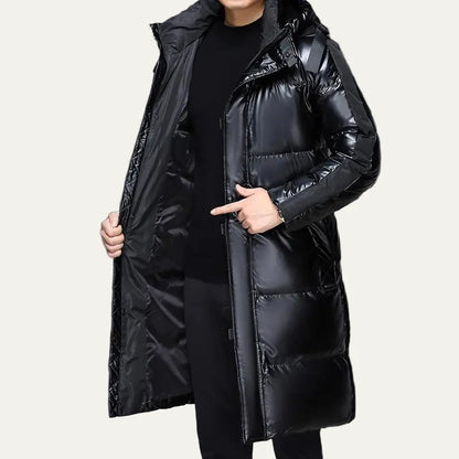 Men’s Long Glossy Puffer Coat with Integrated Hood