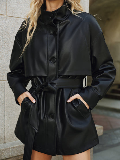 Shane | Women's PU Stand Collar Belted Short Jacket