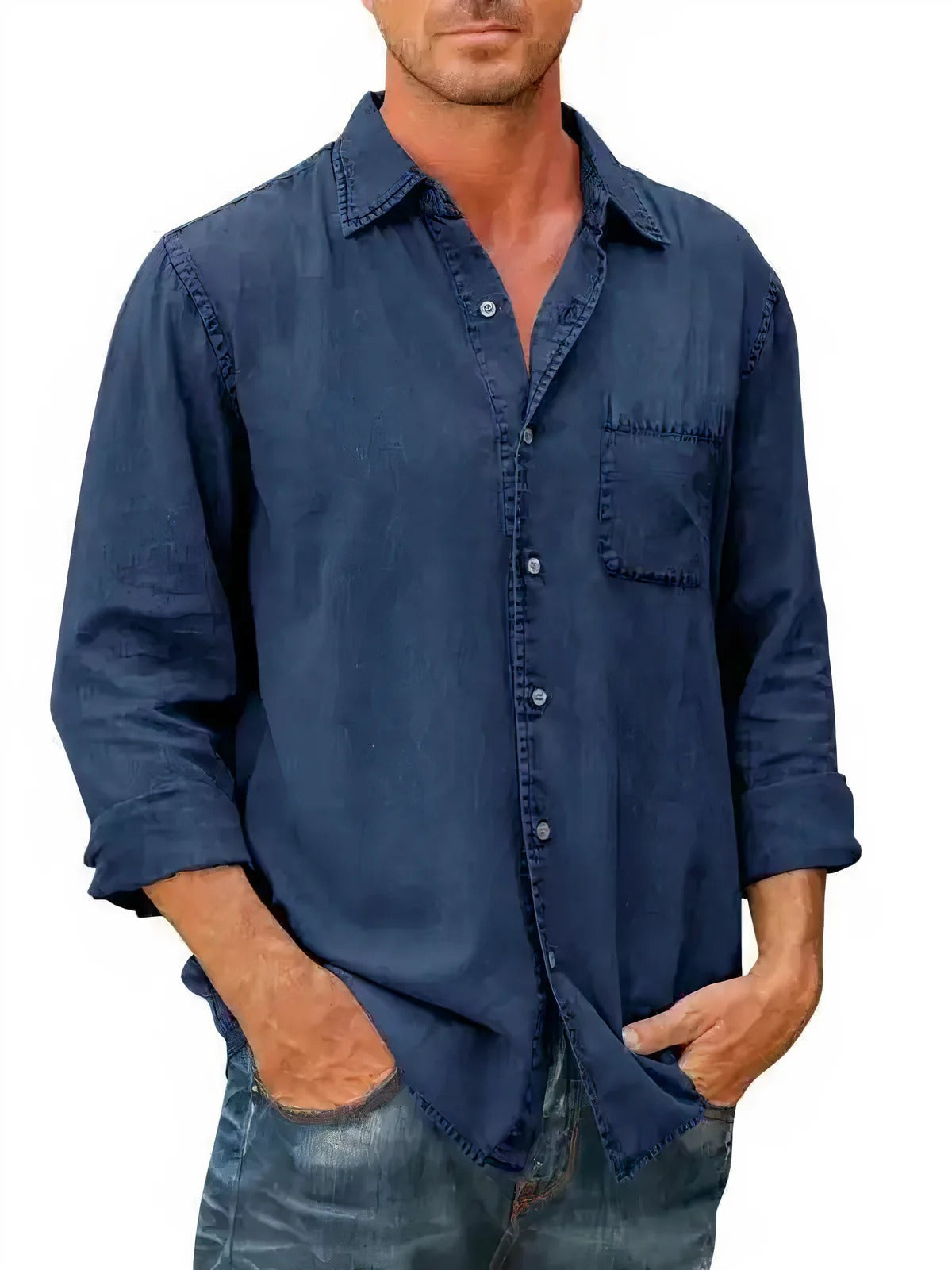 Shirt - Denim Blend Long Shape And Button Front Ease