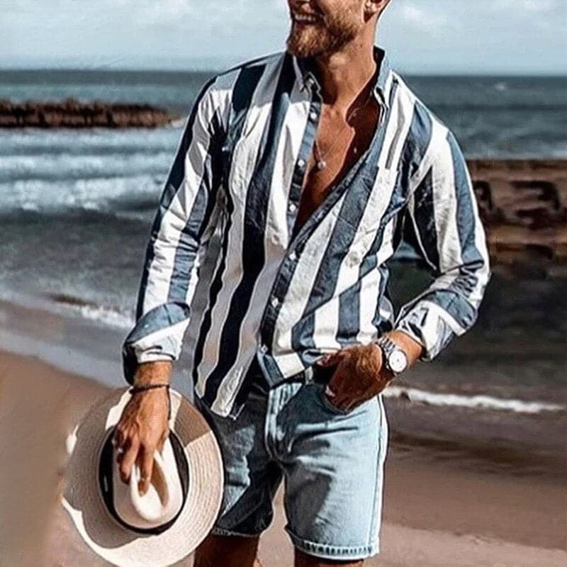 Shirt - Polyester Blend Long Sleeve Striped And Relaxed Fit