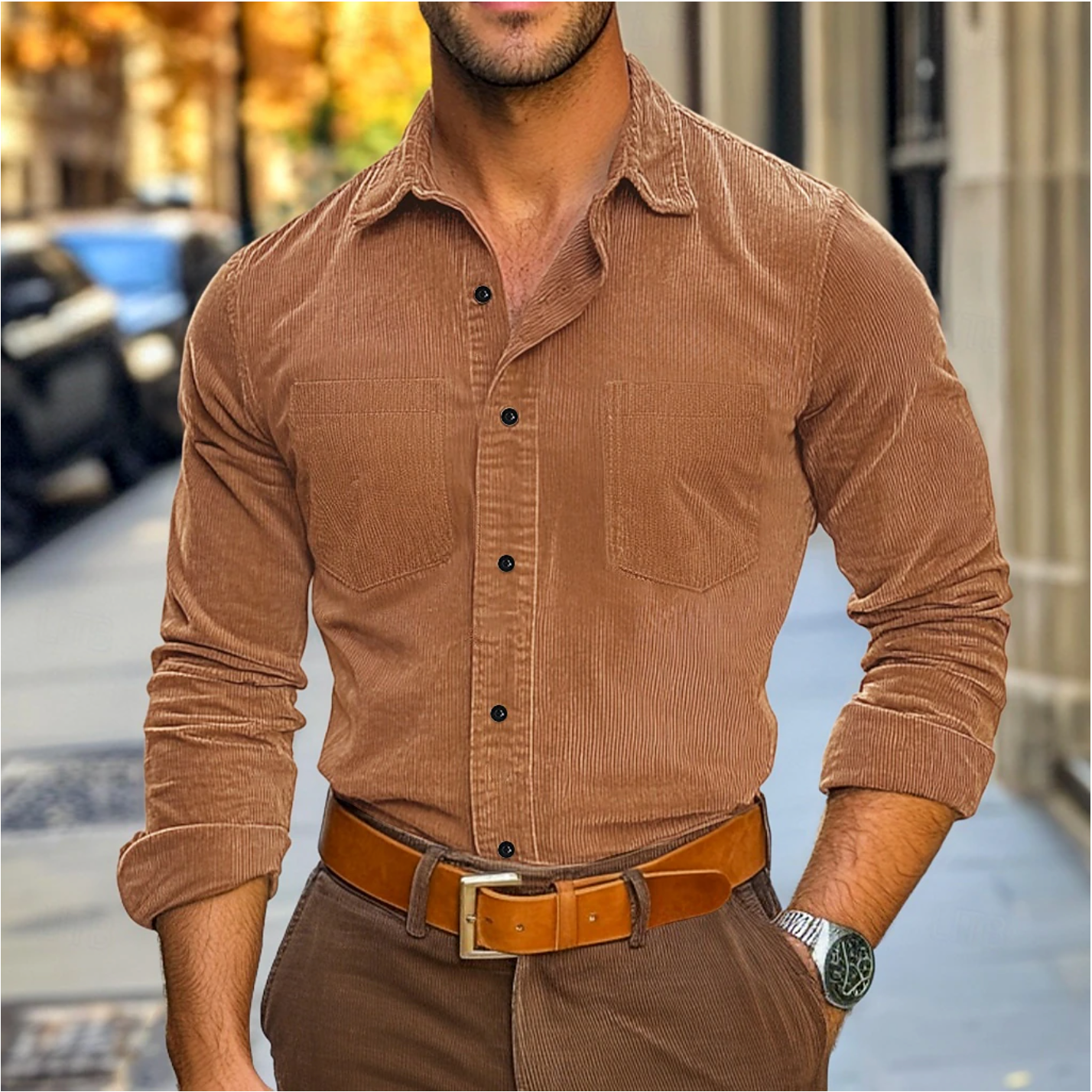 Shirt - Rib Velvet Blend And Classic Collar Structured Fit