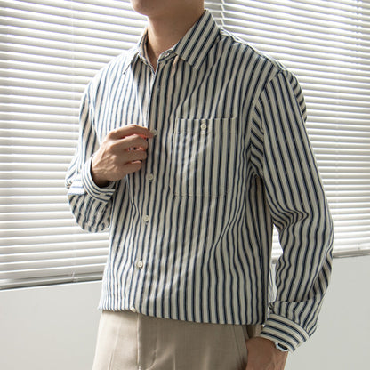 Shirt - Striped Vertical Long Sleeve And Smooth Layering