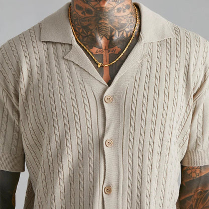 Short Sleeve Knit Shirt - Cable Texture And Breathable Fit