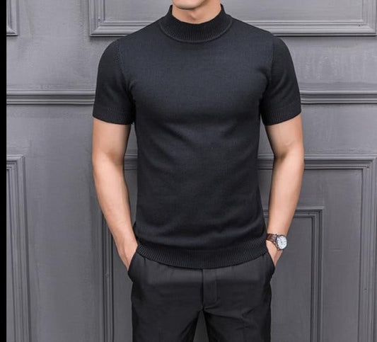 Short-Sleeved Sweater - Semi High Collar & Stretch Shape