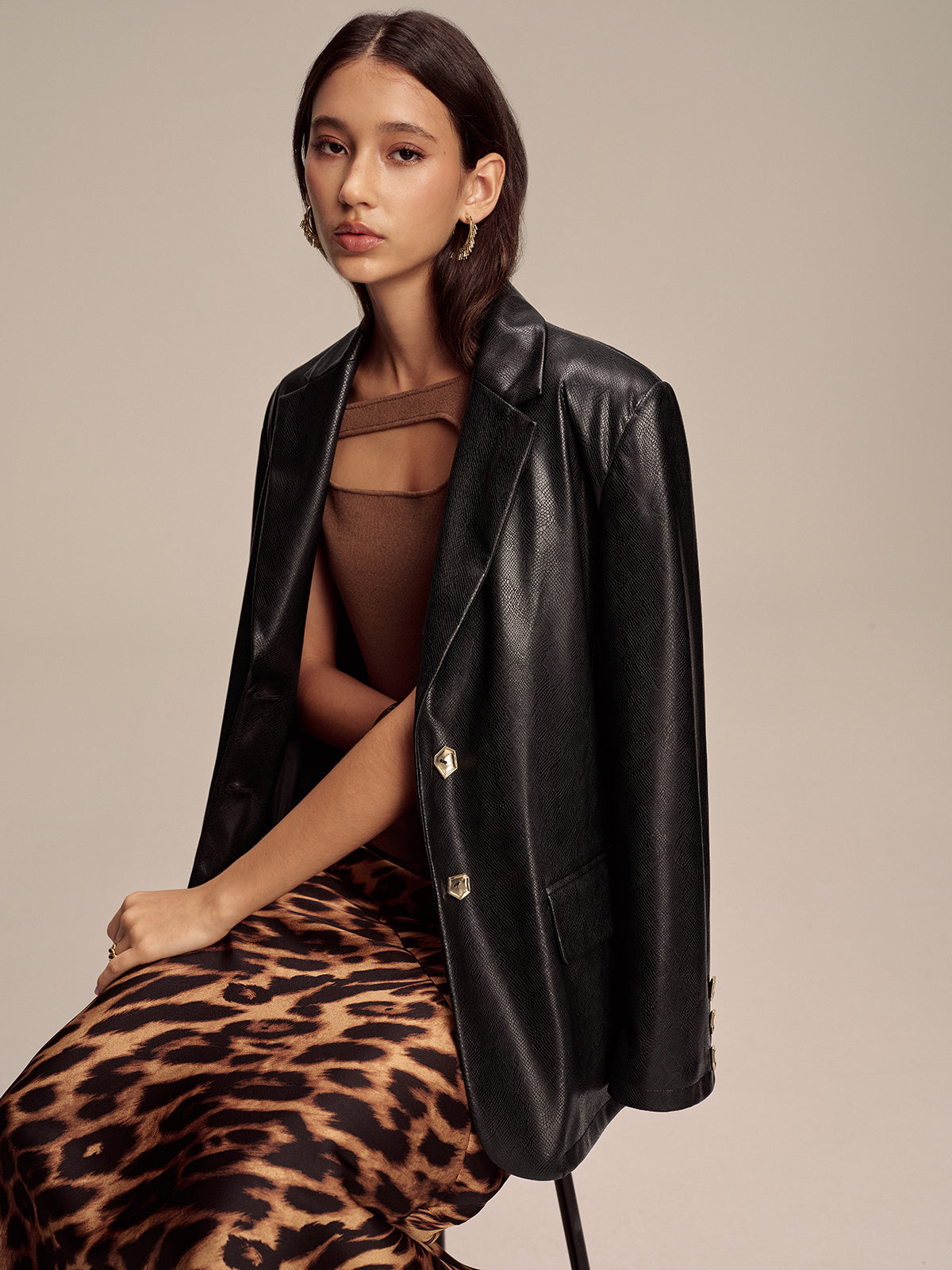 Maddison | Snake Print Metal Button PU Leather Blazer