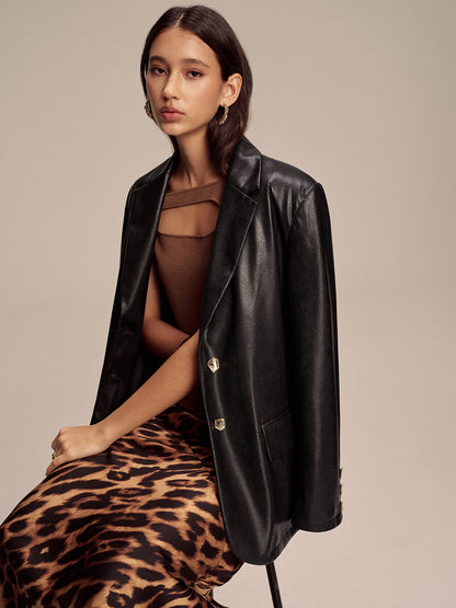 Maddison | Snake Print Metal Button PU Leather Blazer