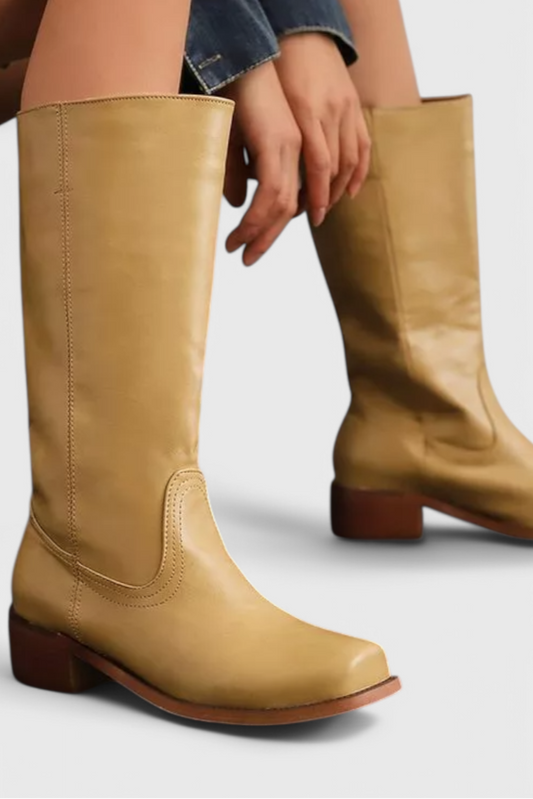 Ladies Elegant Tall Leather Boots - Tan Classic Style - BritishElegance