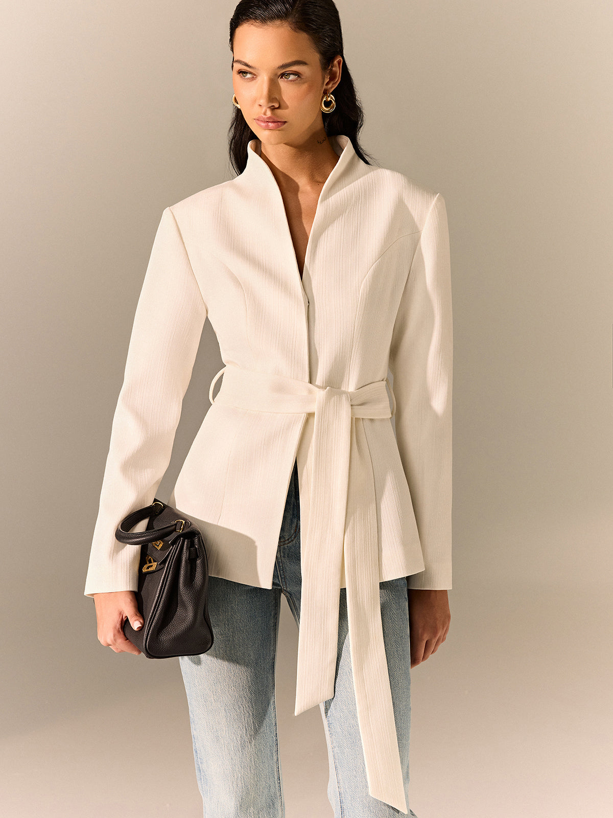 Mina | Stand Collar Belted Long Sleeve Blazer
