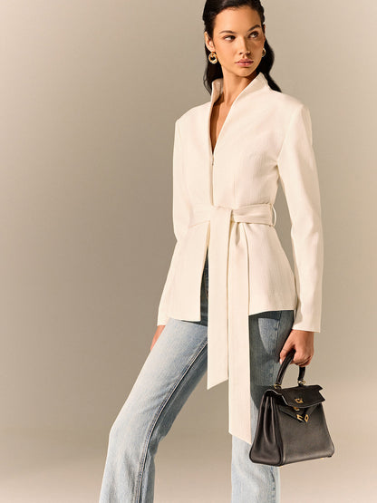 Mina | Stand Collar Belted Long Sleeve Blazer