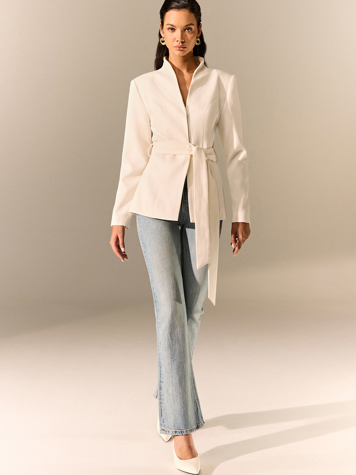 Mina | Stand Collar Belted Long Sleeve Blazer