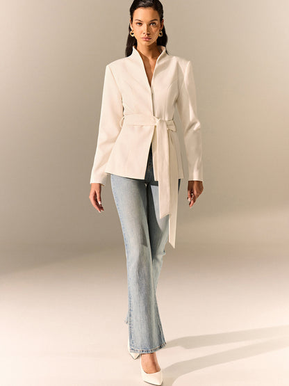 Mina | Stand Collar Belted Long Sleeve Blazer