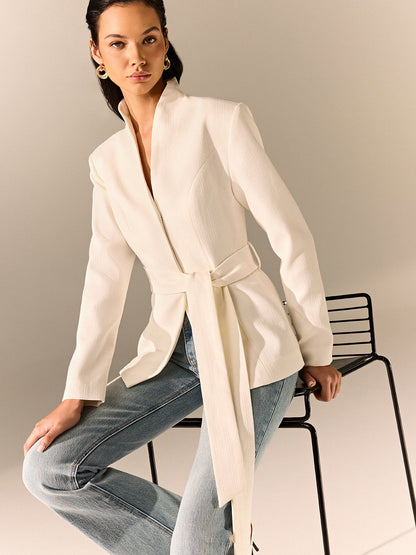 Mina | Stand Collar Belted Long Sleeve Blazer