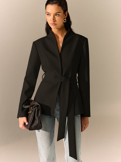 Mina | Stand Collar Belted Long Sleeve Blazer