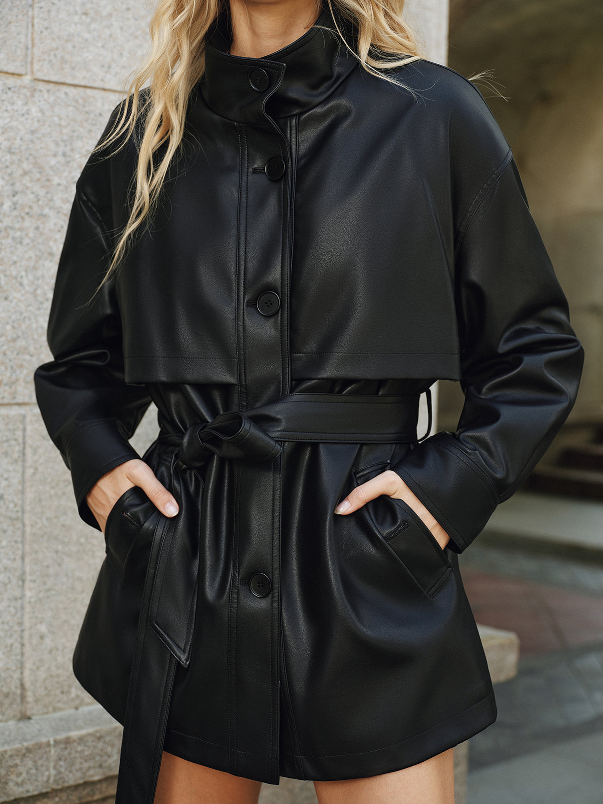 Shane | Stand Collar Belted PU Leather Quilted Jacket