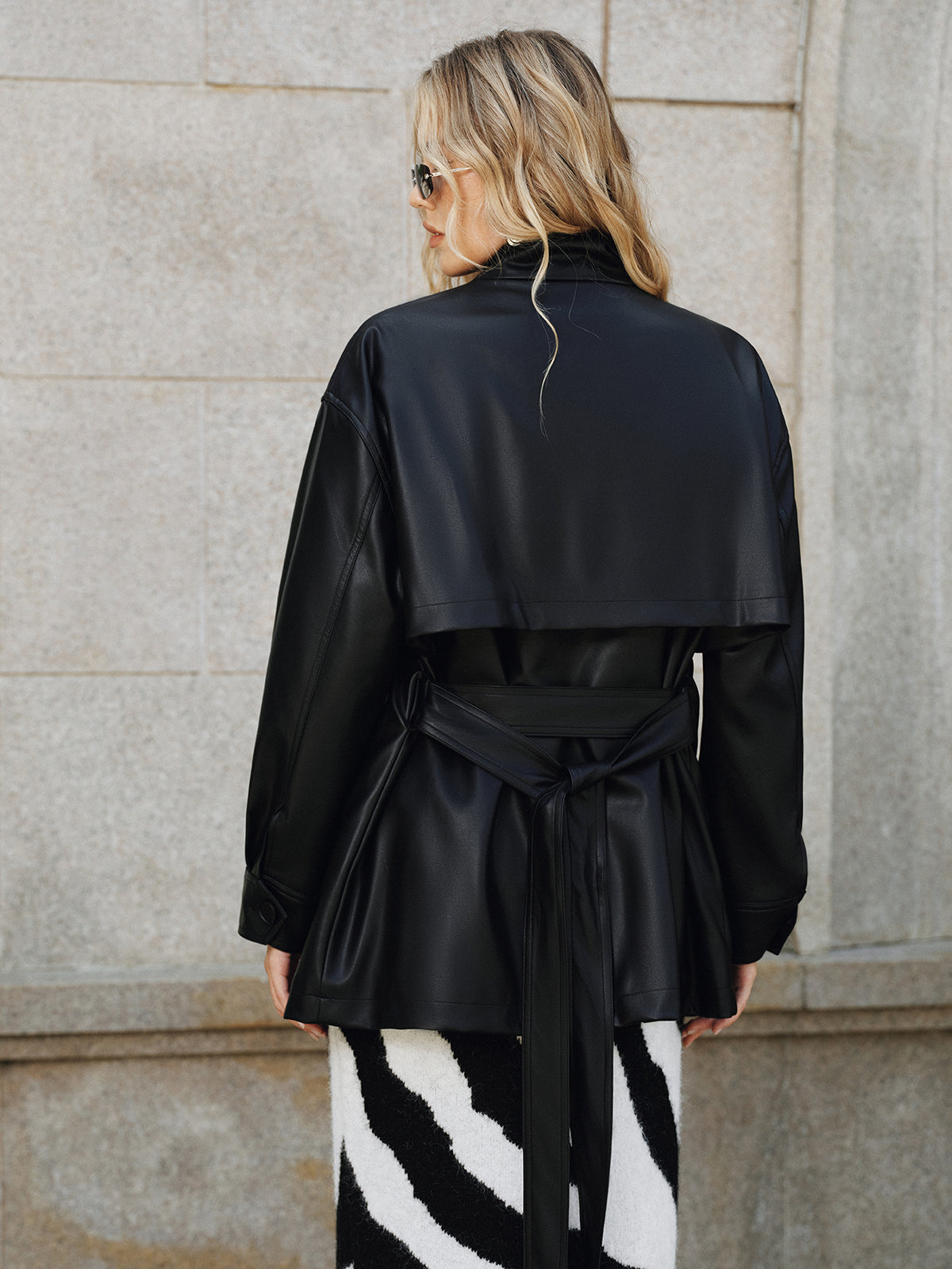 Shane | Stand Collar Belted PU Leather Quilted Jacket