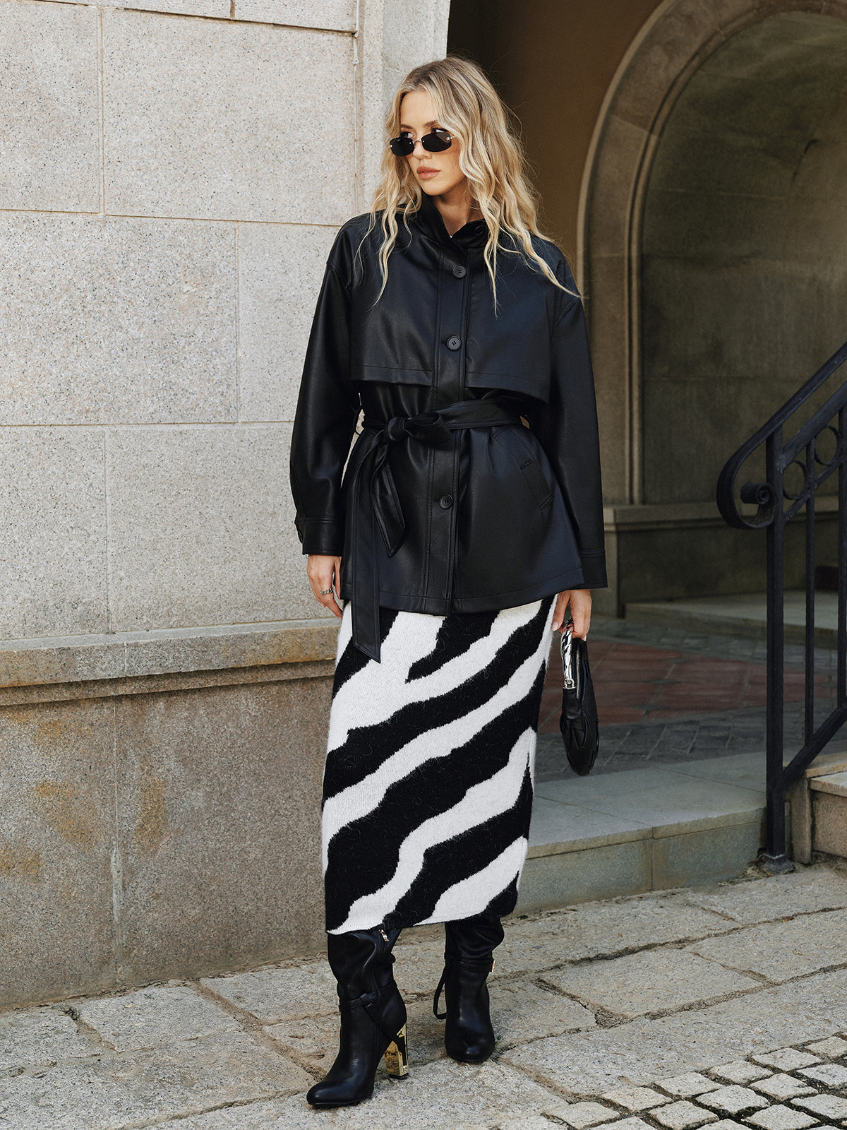 Shane | Stand Collar Belted PU Leather Quilted Jacket