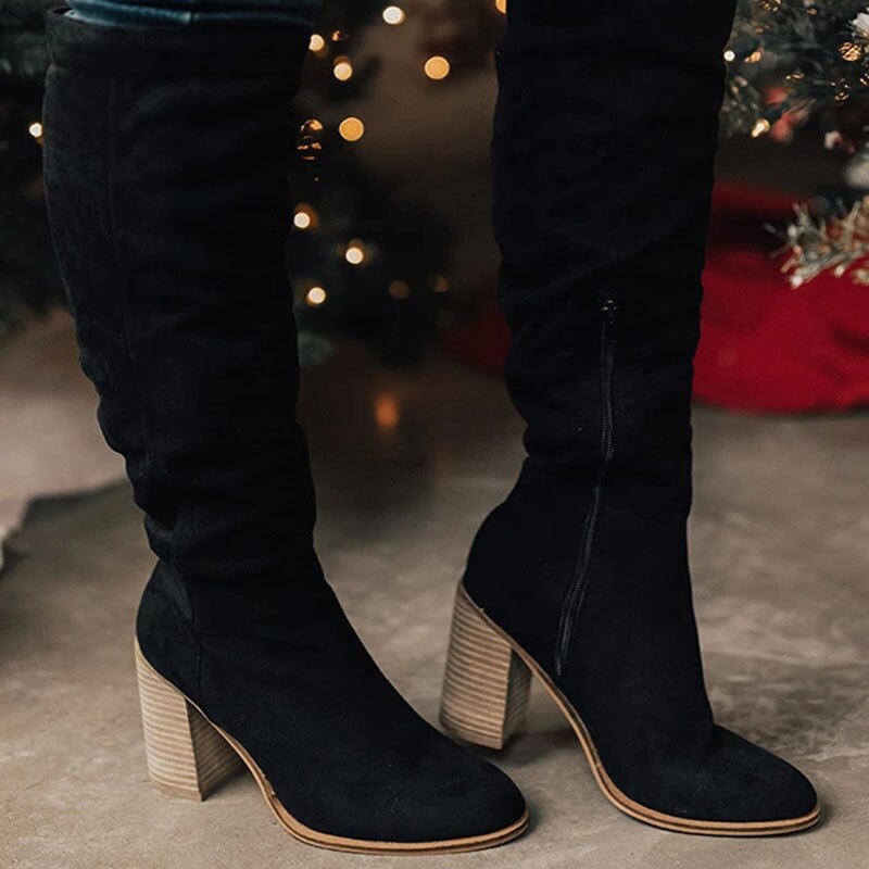 Stylish High Heel Suede Knee High Boots for Women - Black Knee Boots for Any Occasion