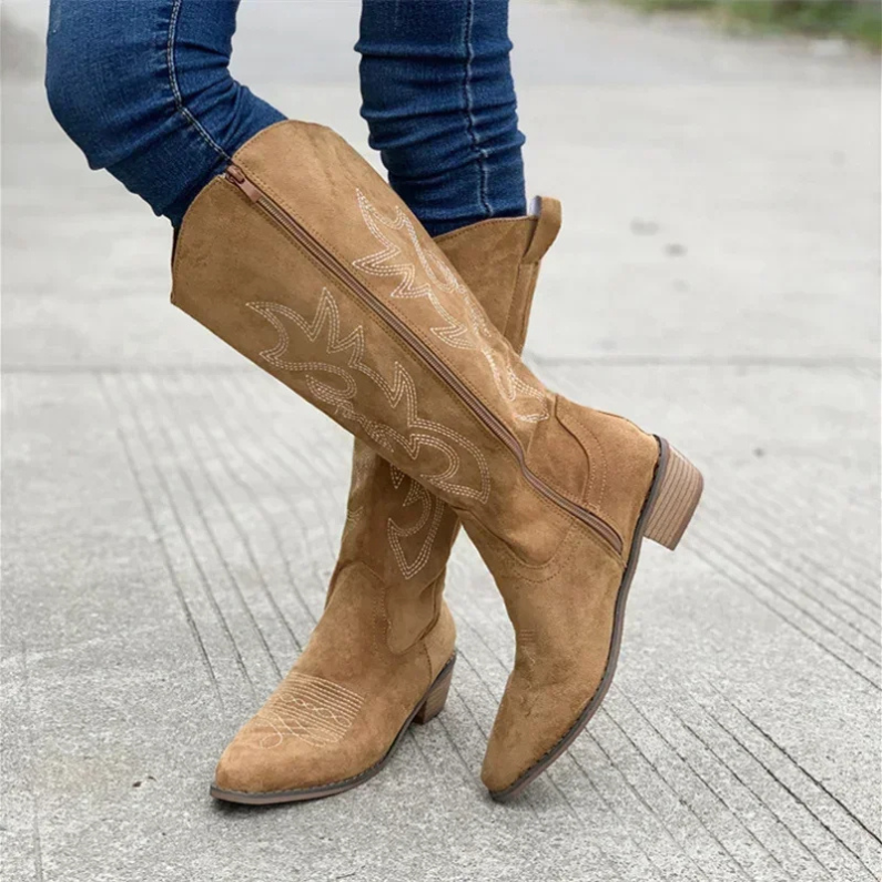 Stylish Suede Cowboy Boots with Side Zipper and Embroidery – Western Chic Footwear for Women