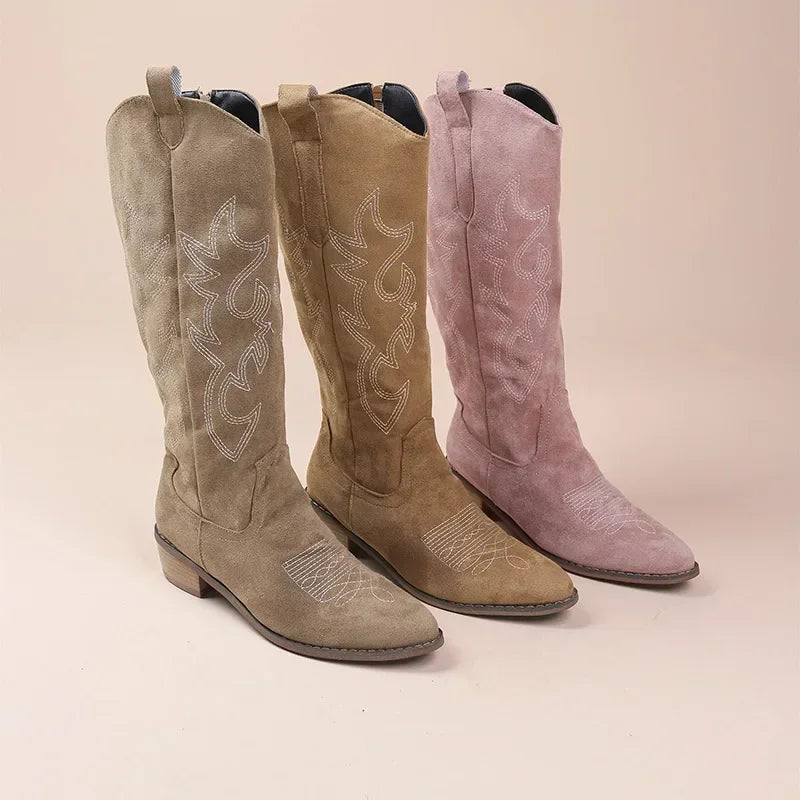 Stylish Women's Cowboy Boots with Embroidery and Comfortable Block Heel - Western Boots for Women