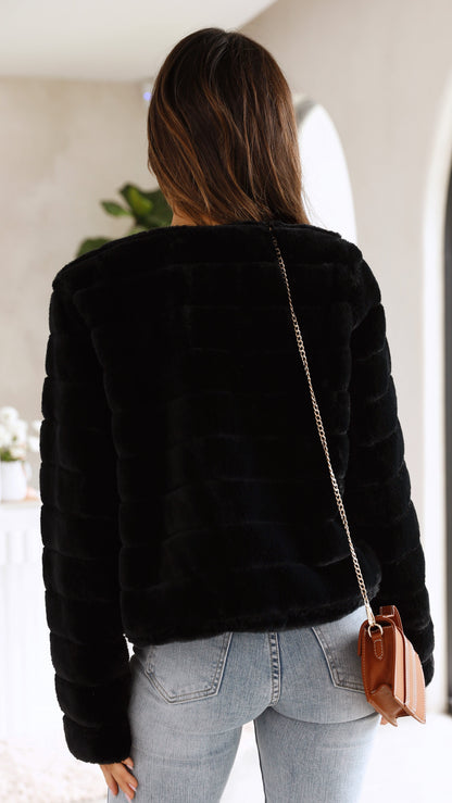 Britney | Women’s Quilted Faux Fur Cropped Jacket – Stylish Open Front Winter Coat with Structured Fit