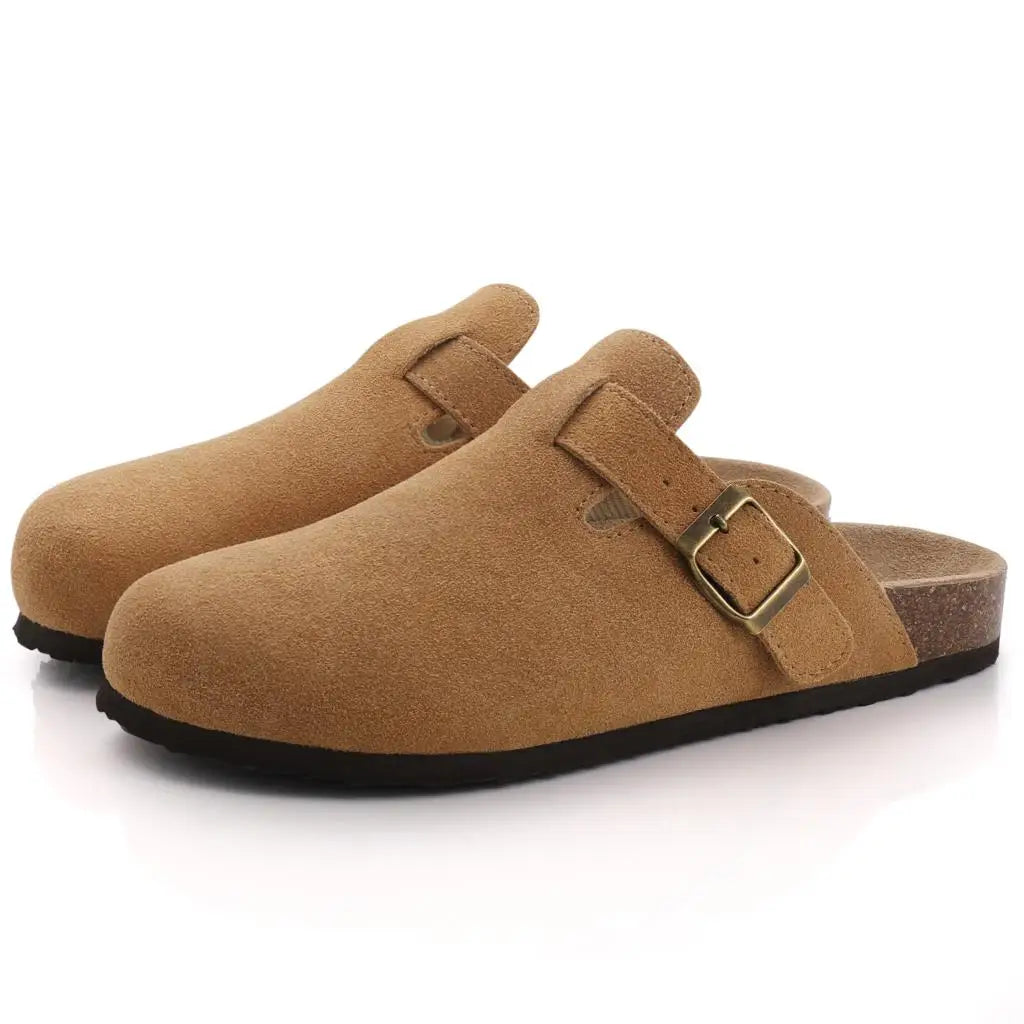 Stylish Women's Suede Mules with Cork Insole and Arch Support – Comfortable Slip-On Shoes