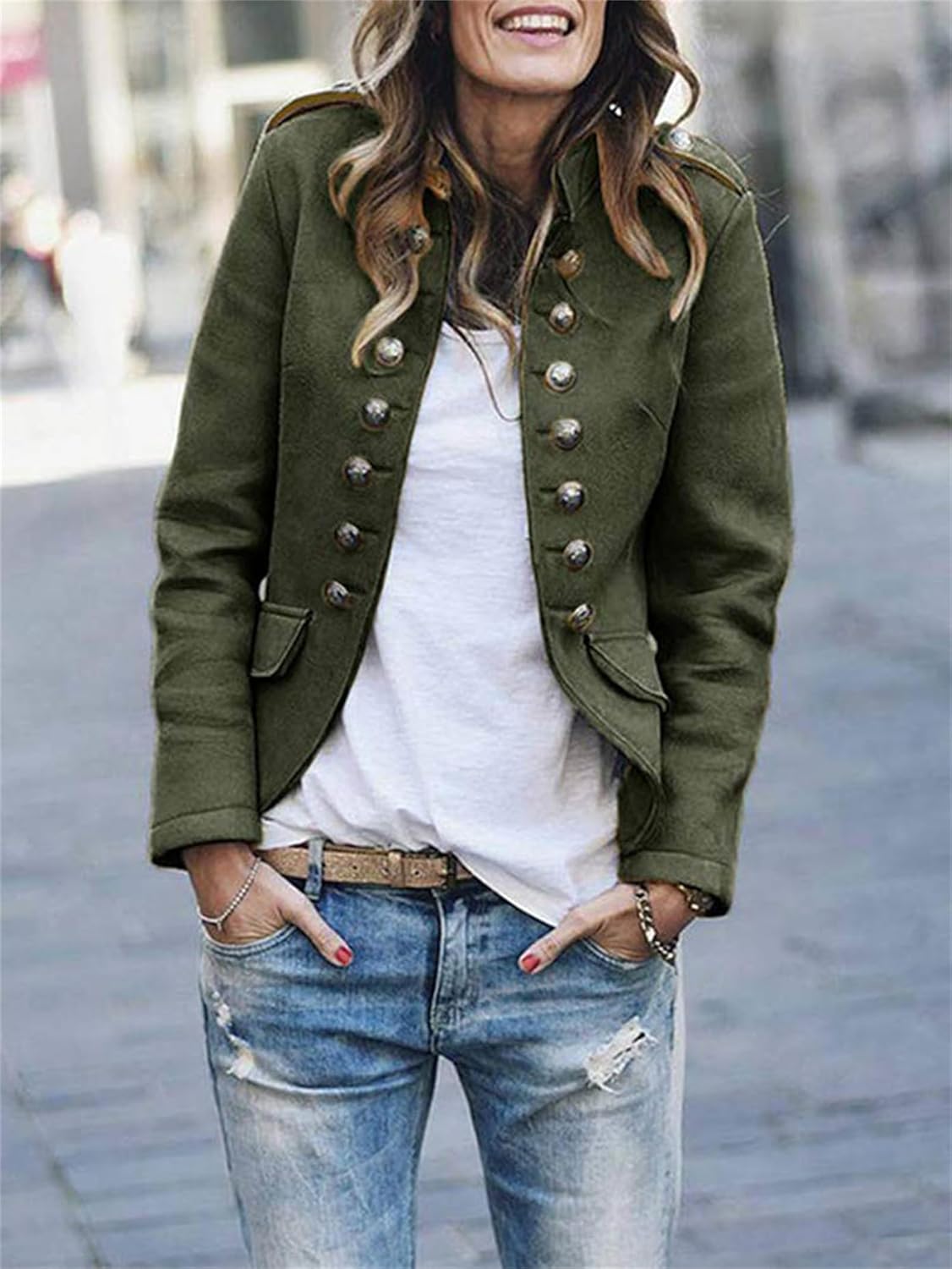 Kate | Women’s Stylish Military Jacket – Hip-Length Coat with Button Closure and Shoulder Details
