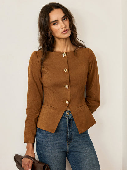 Amyra | Suede Fitted Metal Button Jacket