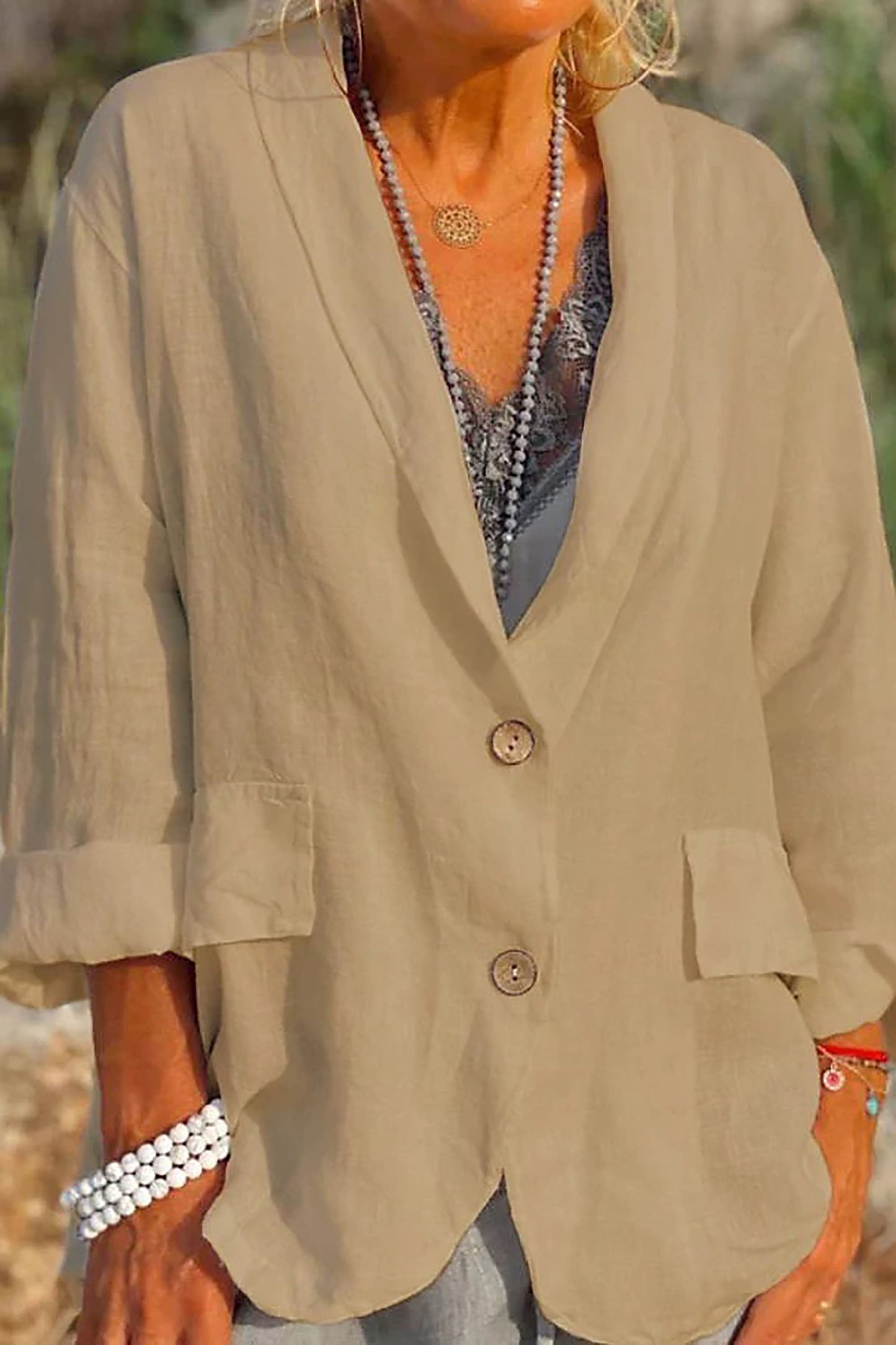 Angelica | Women’s Autumn Linen Jacket – Stylish Leisure Wear with V-Neck and Comfortable 3/4 Sleeves