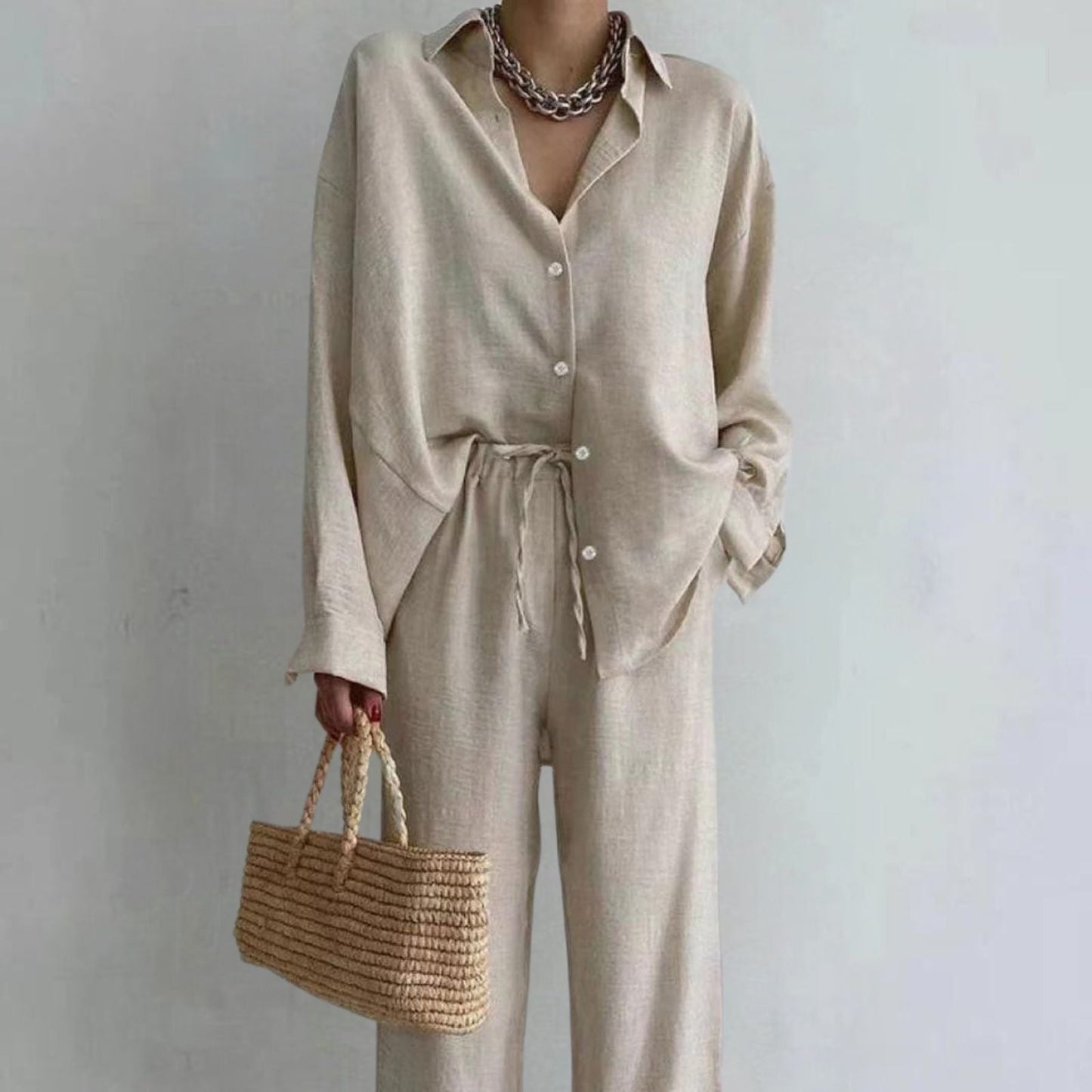 Women's Casual Cotton Pants Shirt Set with Loose Fit