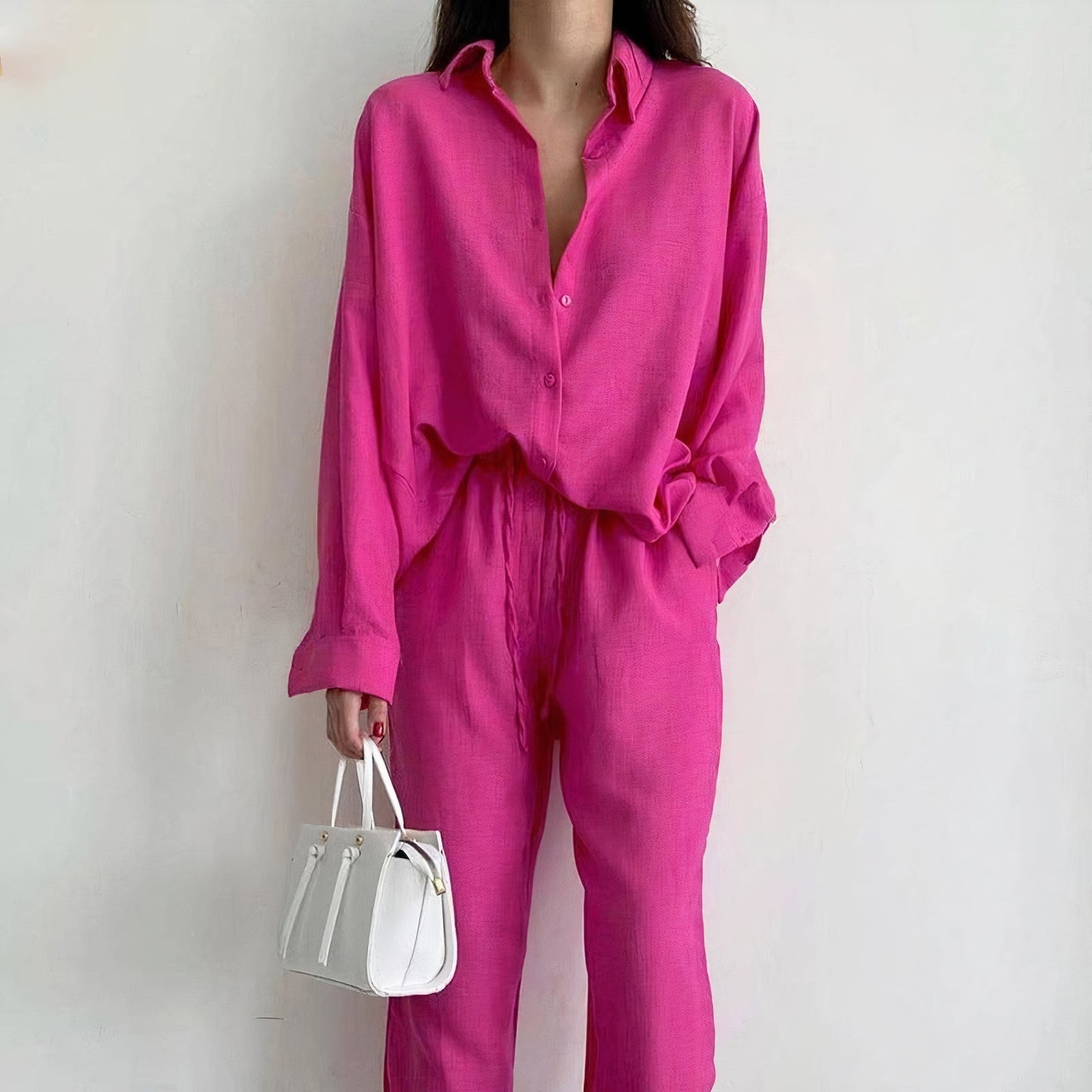 Women's Casual Cotton Pants Shirt Set with Loose Fit - BritishElegance