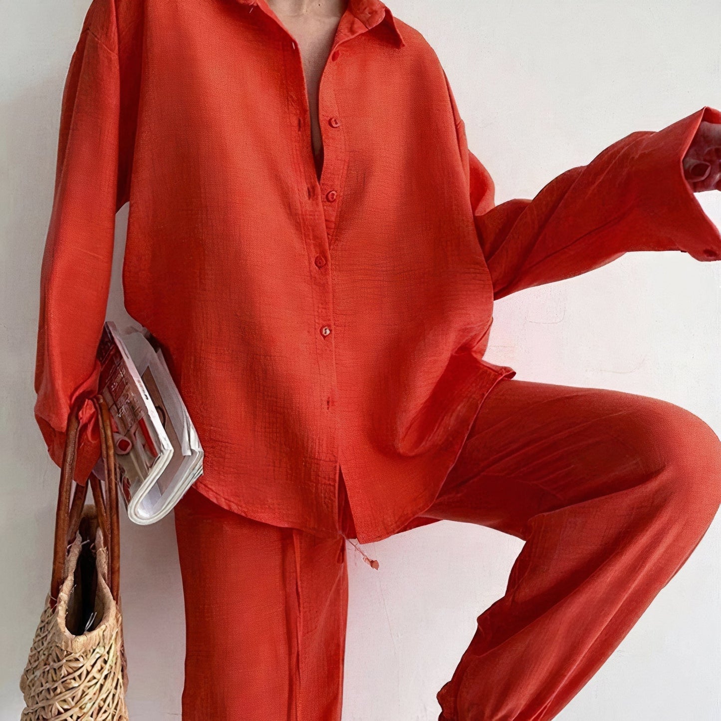 Women's Casual Cotton Pants Shirt Set with Loose Fit