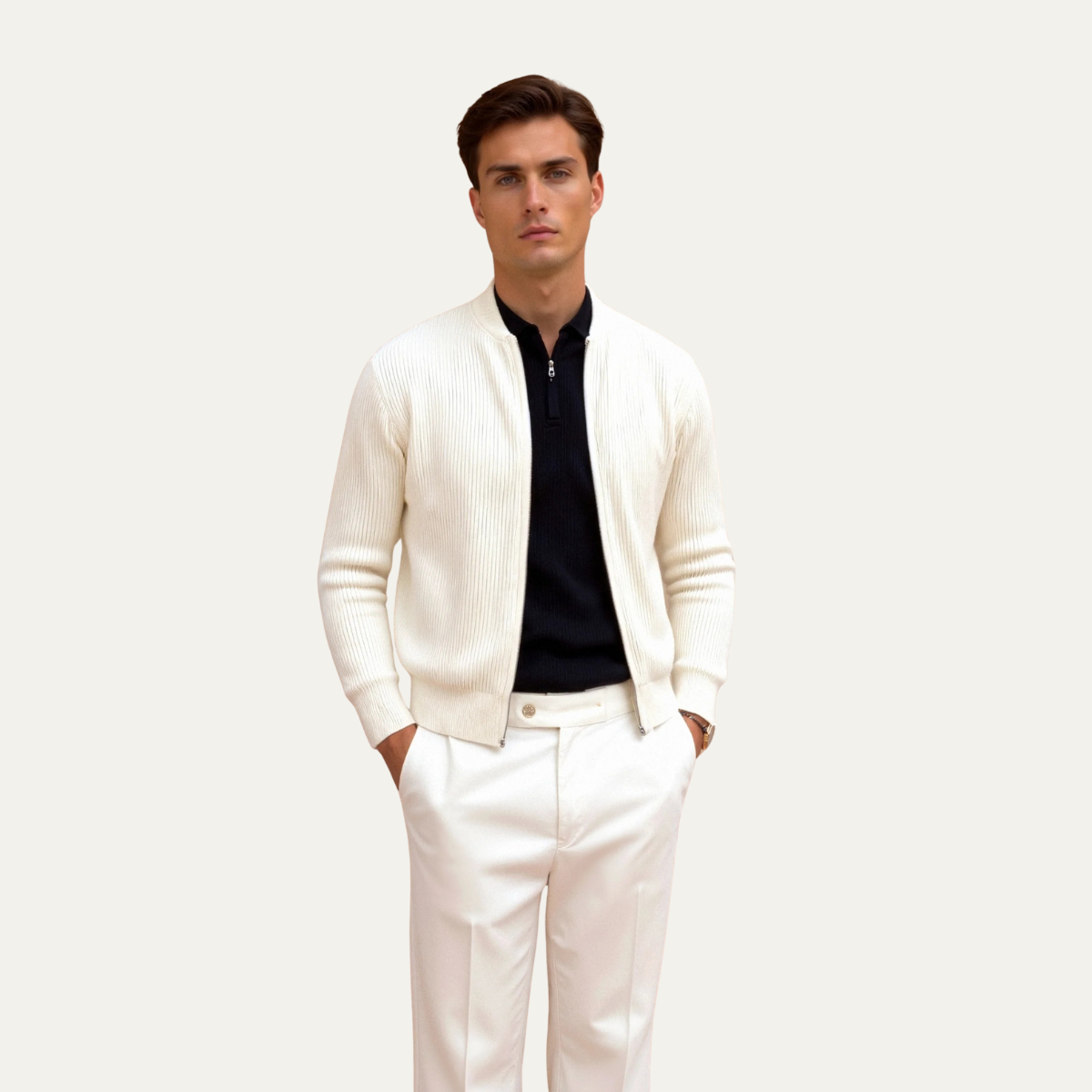 Men’s Sleek Ribbed Zip Bomber Sweater
