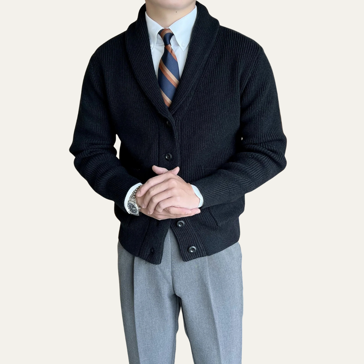 Men’s Shawl-Collar Ribbed Knit Winter Cardigan