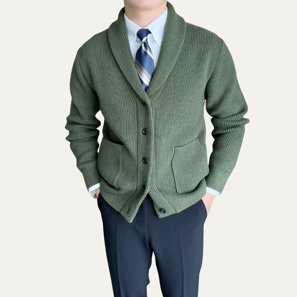 Men’s Shawl-Collar Ribbed Knit Winter Cardigan