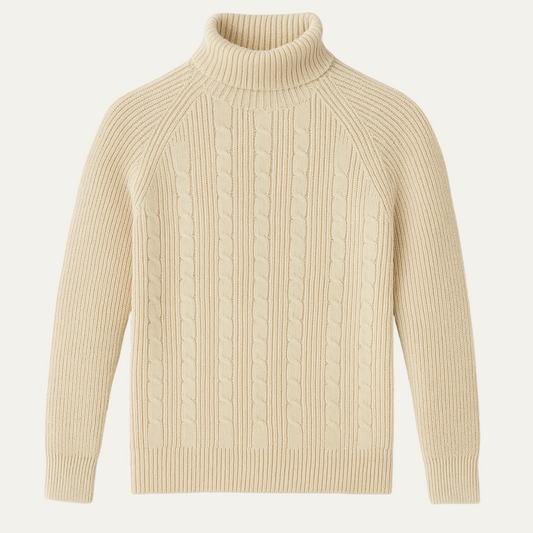 Men’s Turtleneck Sweater with Vertical Cable Knit Pattern