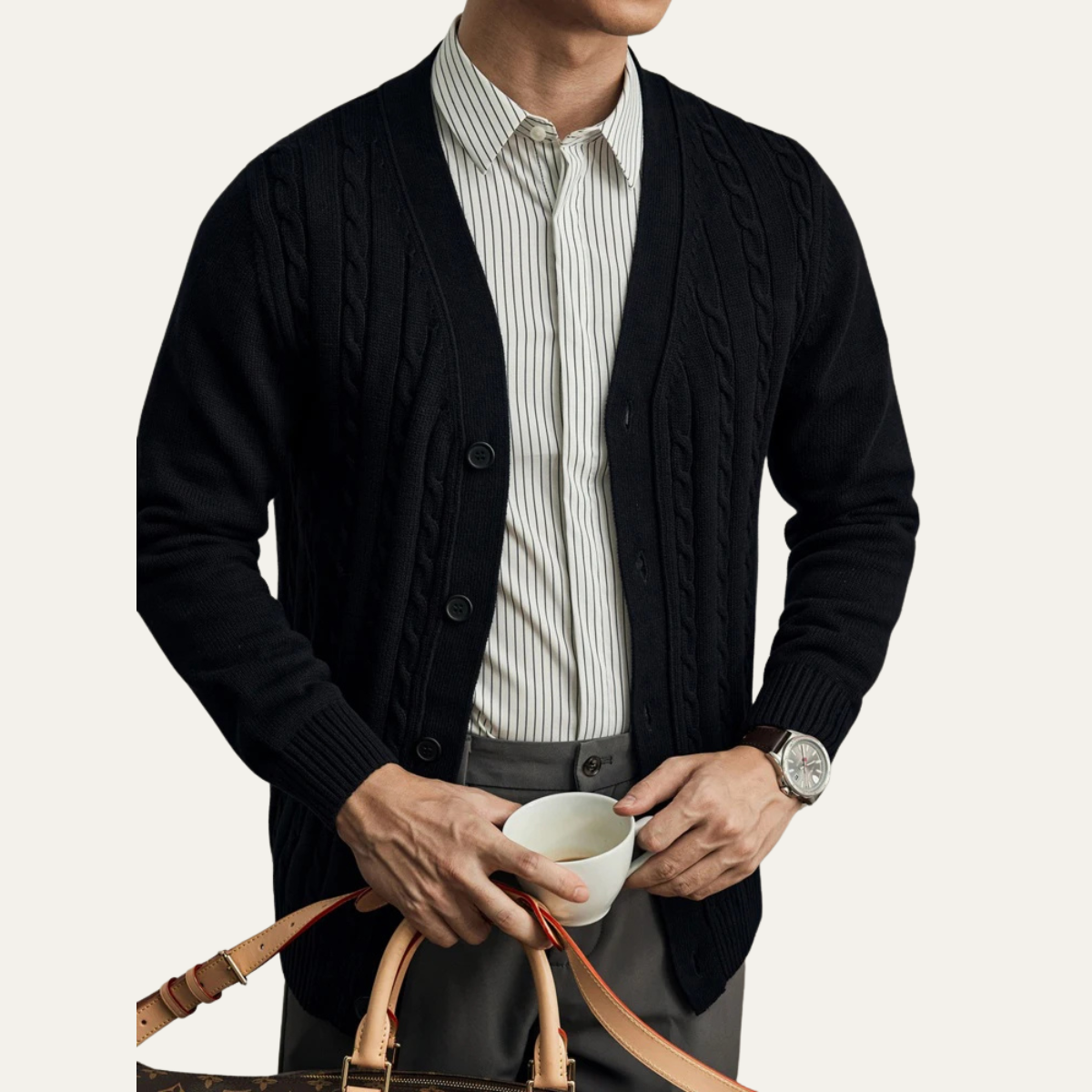 Men’s V-Neck Cardigan with Ribbed Knit